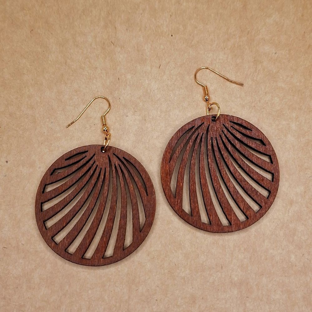 Brown wood round earrings hollowed fan